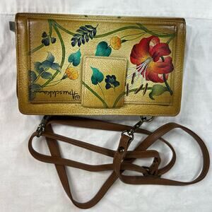 Anuschka Leather Caribbean Garden floral Hand painted Organizer Wallet Crossbody